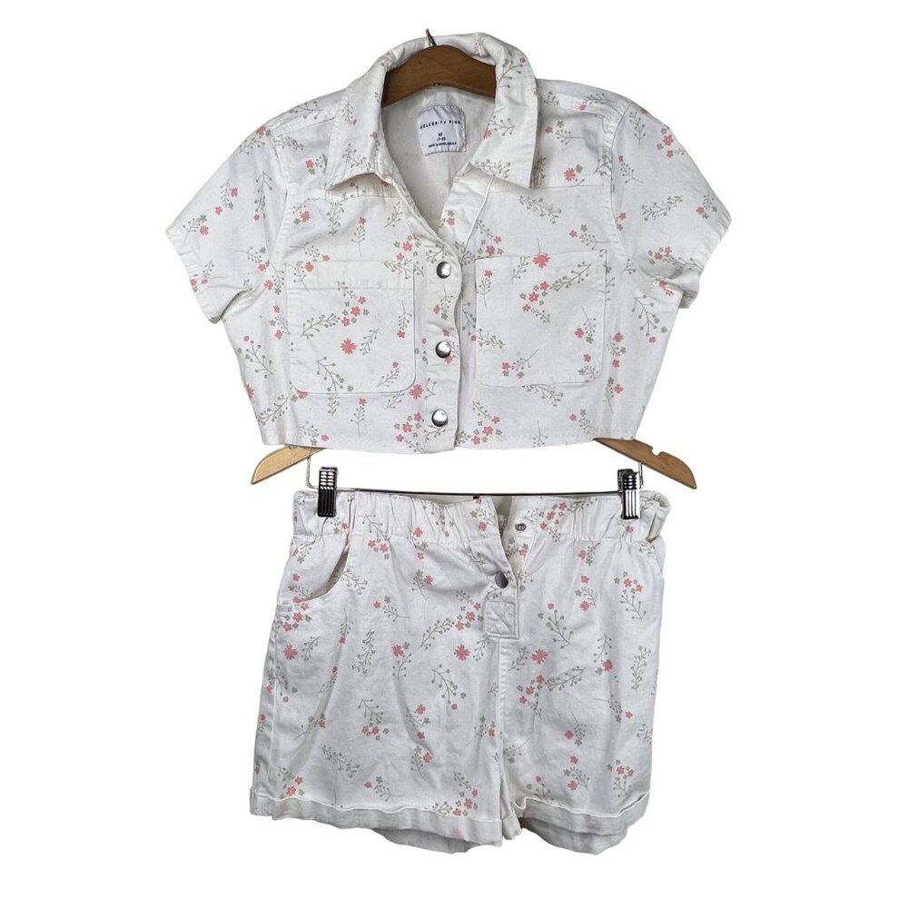 Celebrity Pink Set Junior Size 7 9 Floral Crop Top & Short Set White Pink Button